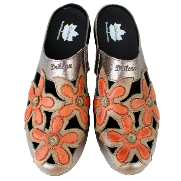 Mule Feminino Ortopédico em Couro Legítimo e Palmilha Gel - Onix /Fendi /Coral - Sola Preta (AL023) 