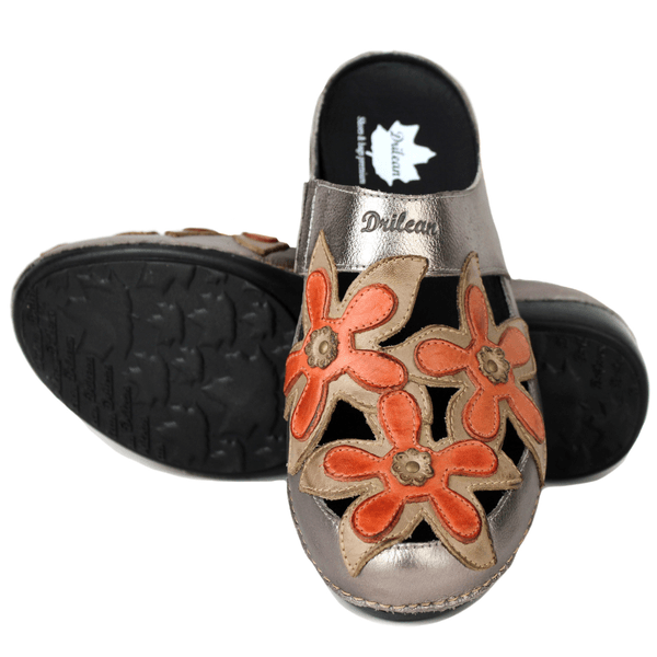 Mule Feminino Ortopédico em Couro Legítimo e Palmilha Gel - Onix /Fendi /Coral - Sola Preta (AL023) 