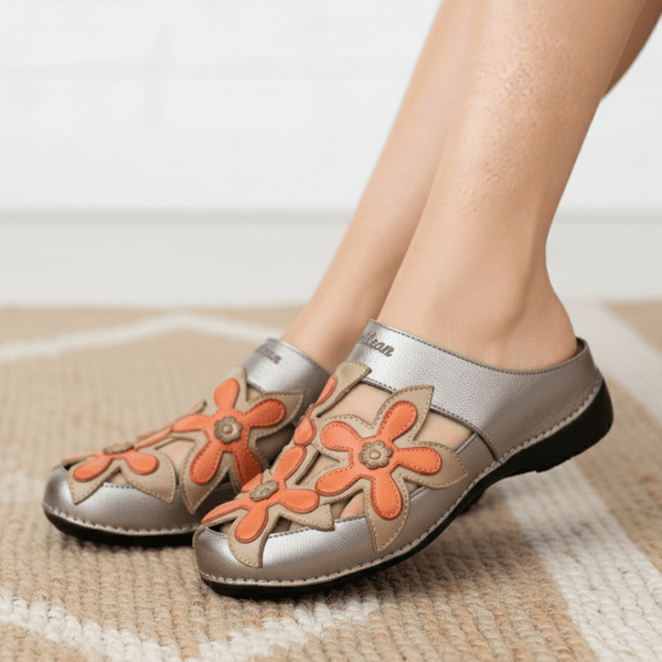 Mule Feminino Ortopédico em Couro Legítimo e Palmilha Gel - Onix /Fendi /Coral - Sola Preta (AL023) 