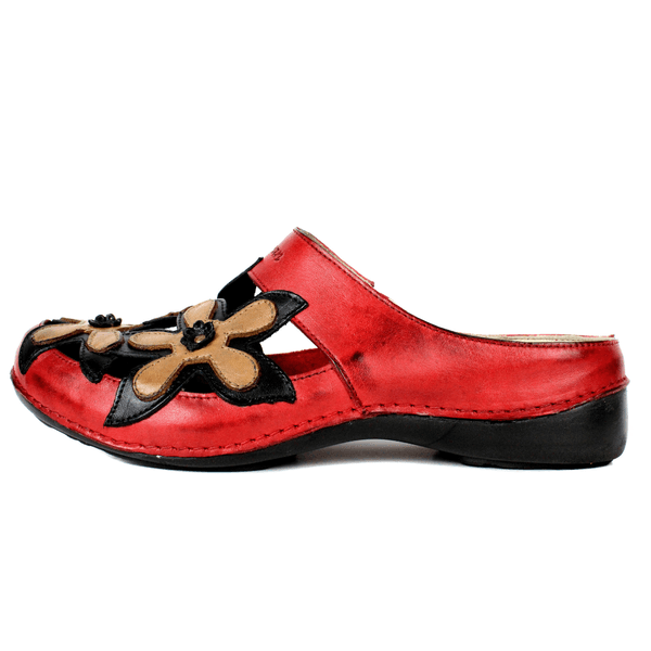 Mule Feminino Ortopédico em Couro Legítimo e Palmilha Gel - Vermelho/Preto/Caramelo - Sola Preta (AL023) 