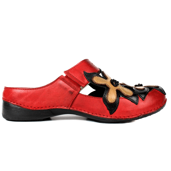 Mule Feminino Ortopédico em Couro Legítimo e Palmilha Gel - Vermelho/Preto/Caramelo - Sola Preta (AL023) 