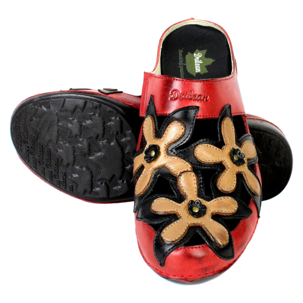 Mule Feminino Ortopédico em Couro Legítimo e Palmilha Gel - Vermelho/Preto/Caramelo - Sola Preta (AL023) 