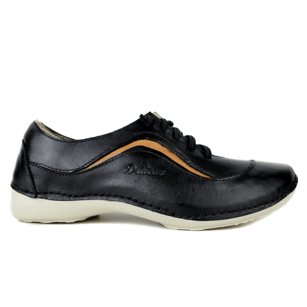 Tênis Alívio Feminino em Couro Legítimo e Palmilha Gel - Preto /Laranja - Sola Off (AL024)
