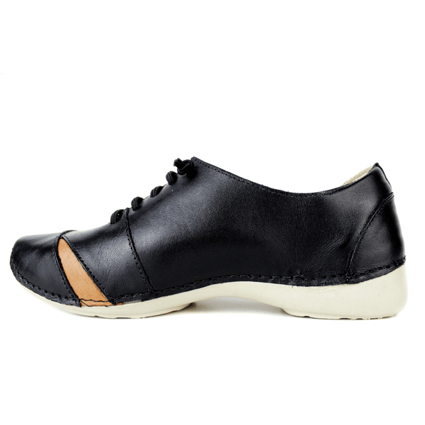 Tênis Alívio Feminino em Couro Legítimo e Palmilha Gel - Preto /Laranja - Sola Off (AL024)