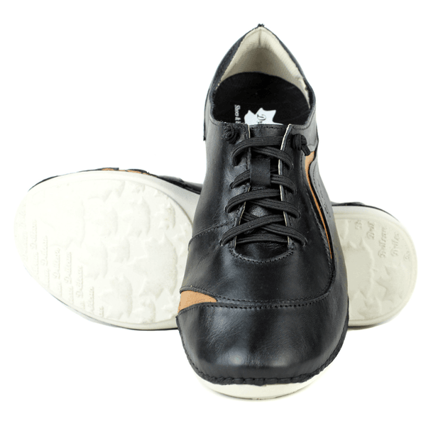 Tênis Alívio Feminino em Couro Legítimo e Palmilha Gel - Preto /Laranja - Sola Off (AL024)