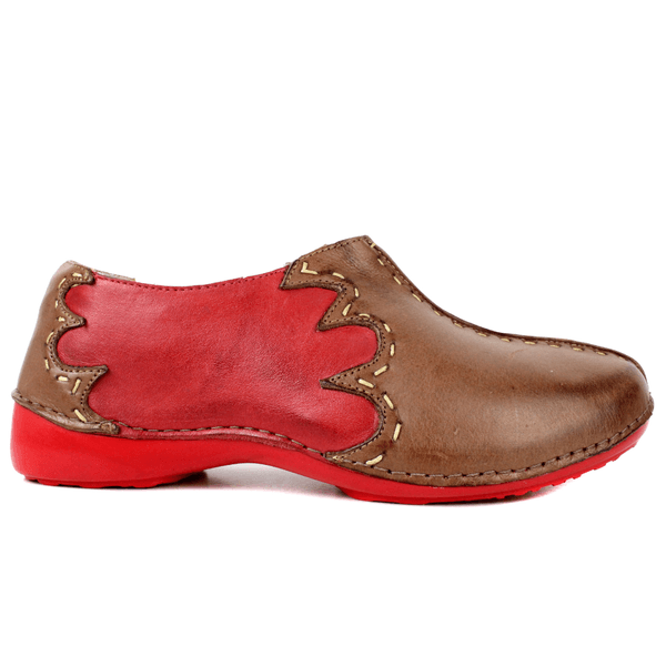 Tênis Alívio Feminino em Couro Legítimo e Palmilha Gel - Castanho/Vermelho - Sola Vermelha (AL026) 35 OUTLET