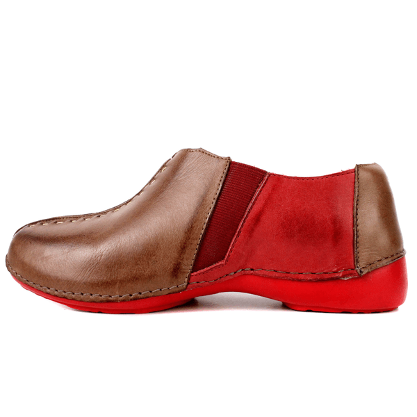 Tênis Alívio Feminino em Couro Legítimo e Palmilha Gel - Castanho/Vermelho - Sola Vermelha (AL026) 35 OUTLET