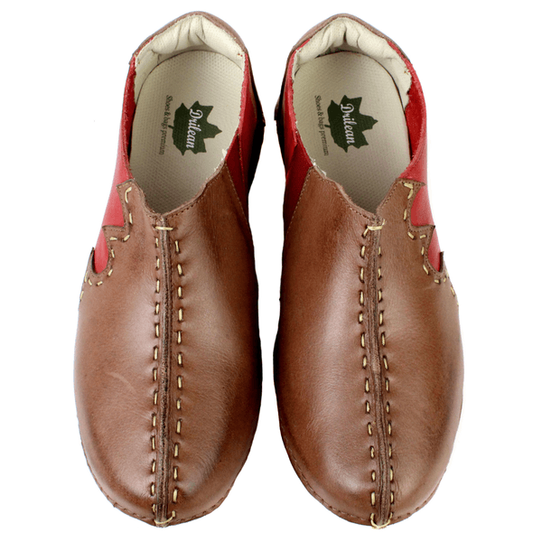 Tênis Alívio Feminino em Couro Legítimo e Palmilha Gel - Castanho/Vermelho - Sola Vermelha (AL026) 35 OUTLET