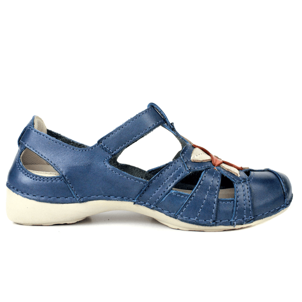 Sapatilha Feminina em Couro Legítimo e Palmilha Gel - Azul/Off/Coral - Sola Off (AL030)
