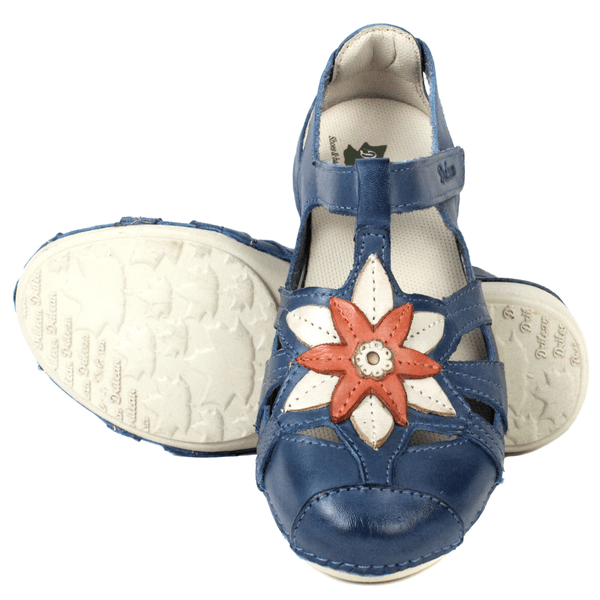 Sapatilha Feminina em Couro Legítimo e Palmilha Gel - Azul/Off/Coral - Sola Off (AL030)