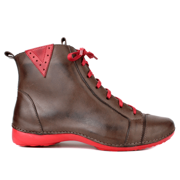 Bota Ortopédica Feminina em Couro Legítimo com Palmilha Gel - Café /Vermelho - Sola Vermelha (AL034) 