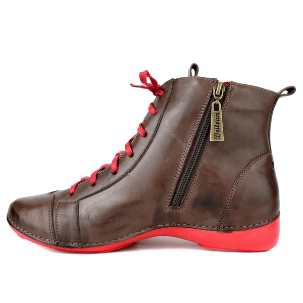 Bota Ortopédica Feminina em Couro Legítimo com Palmilha Gel - Café /Vermelho - Sola Vermelha (AL034) 