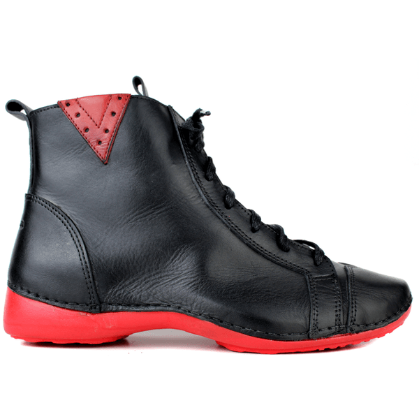 Bota Feminina Ortopédica de Couro Legítimo e Palmilha Gel - Preto /Vermelho - Sola Vermelha (AL034)