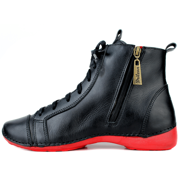 Bota Feminina Ortopédica de Couro Legítimo e Palmilha Gel - Preto /Vermelho - Sola Vermelha (AL034)