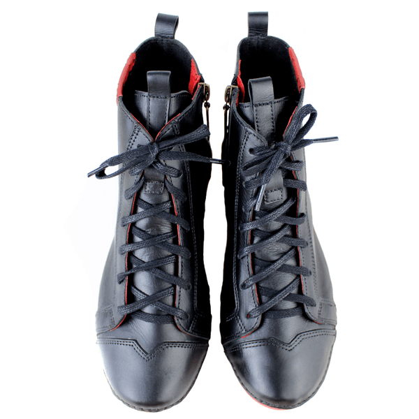 Bota Feminina Ortopédica de Couro Legítimo e Palmilha Gel - Preto /Vermelho - Sola Vermelha (AL034)