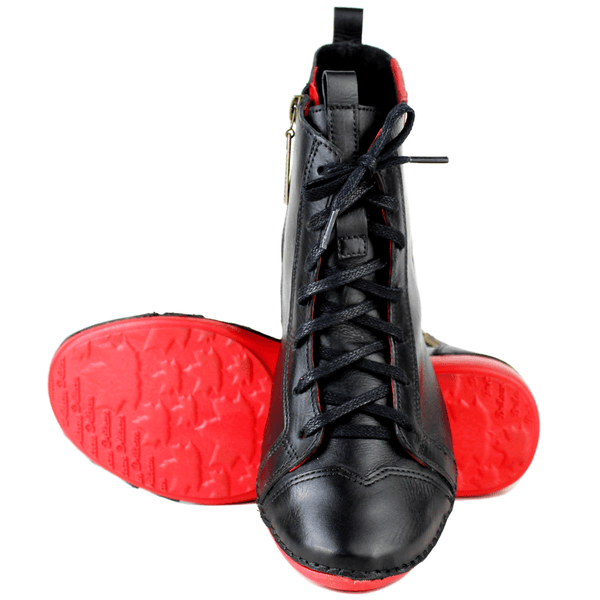 Bota Feminina Ortopédica de Couro Legítimo e Palmilha Gel - Preto /Vermelho - Sola Vermelha (AL034)