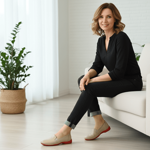 Sapatilha Feminina em Couro Legítimo e Palmilha Gel - Areia - Sola Vermelha (AL039)