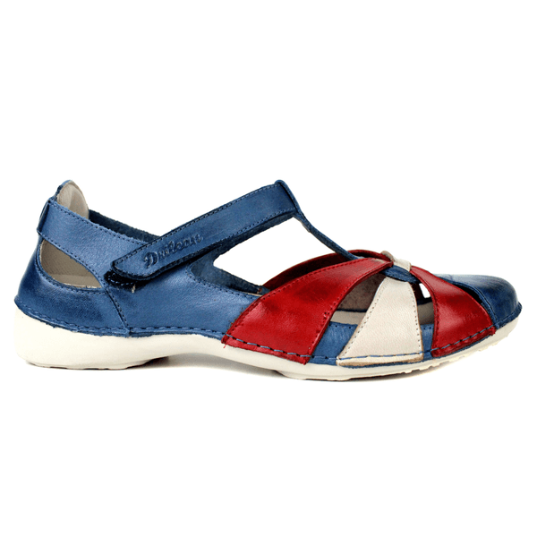 Sapatilha Feminina em Couro Legítimo e Palmilha Gel - Azul/Vermelho/Off - Sola Off (AL042)