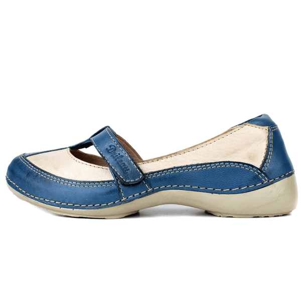 Sapatilha Feminina em Couro Legítimo e Palmilha Gel - Azul /Off White - Sola Off White (AL050)