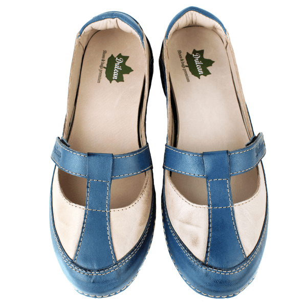 Sapatilha Feminina em Couro Legítimo e Palmilha Gel - Azul /Off White - Sola Off White (AL050)