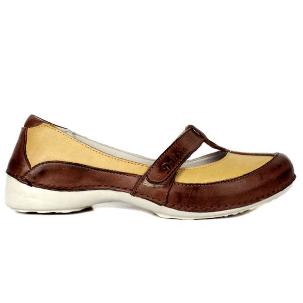 Sapatilha Feminina em Couro Legítimo e Palmilha Gel - Castanho/Amarelo - Sola Off (AL050)