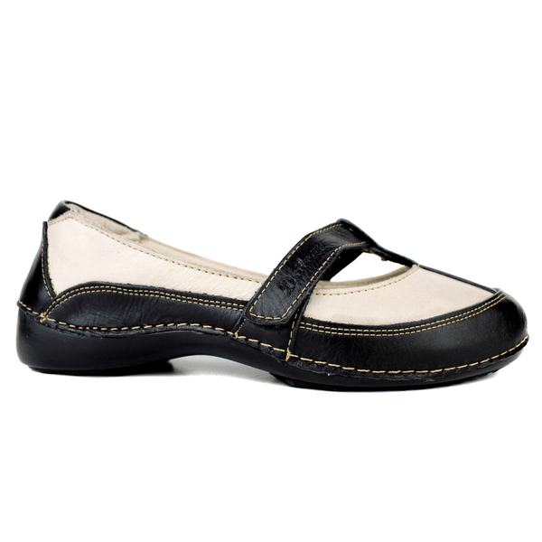 Sapatilha Feminina em Couro Legítimo e Palmilha Gel - Preto /Off White - Sola Preta (AL050) 
