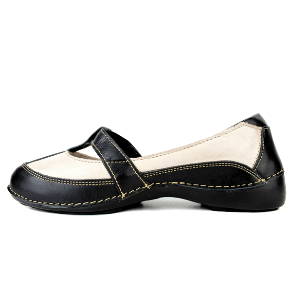 Sapatilha Feminina em Couro Legítimo e Palmilha Gel - Preto /Off White - Sola Preta (AL050) 