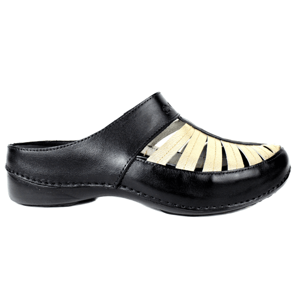 Mule Feminino Ortopédico em Couro Legítimo e Palmilha Gel - Preto/Ouro - Sola Preta (AL055) 