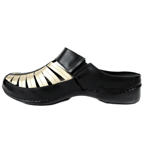 Mule Feminino Ortopédico em Couro Legítimo e Palmilha Gel - Preto/Ouro - Sola Preta (AL055) 