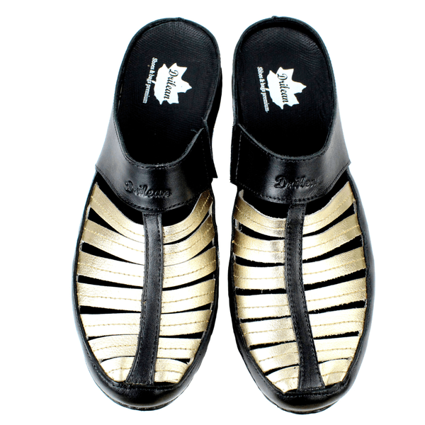 Mule Feminino Ortopédico em Couro Legítimo e Palmilha Gel - Preto/Ouro - Sola Preta (AL055) 