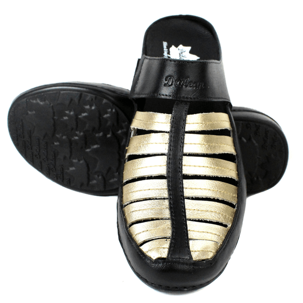 Mule Feminino Ortopédico em Couro Legítimo e Palmilha Gel - Preto/Ouro - Sola Preta (AL055) 