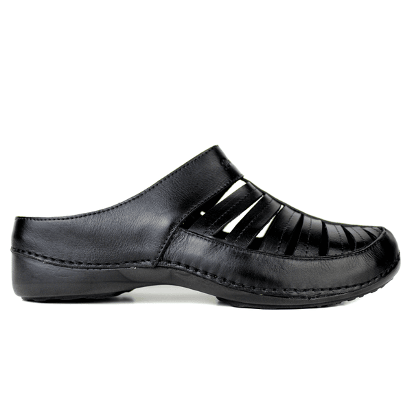 Mule Feminino Ortopédico em Couro Legítimo e Palmilha Gel - Preto - Sola Preta (AL055) 