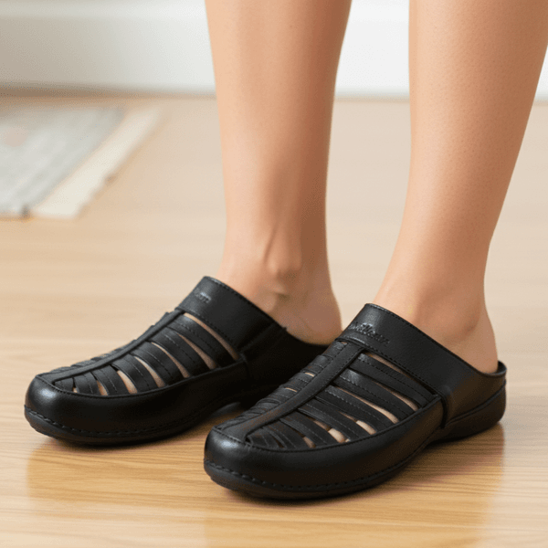 Mule Feminino Ortopédico em Couro Legítimo e Palmilha Gel - Preto - Sola Preta (AL055) 