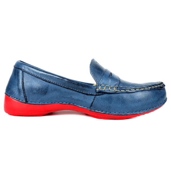 Mocassim Feminino em Couro Legítimo e Palmilha Gel - Azul - Sola Vermelha (AL066)