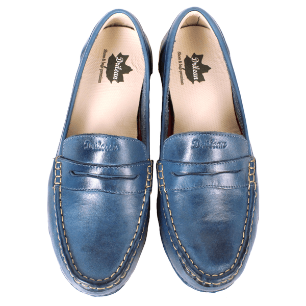Mocassim Feminino em Couro Legítimo e Palmilha Gel - Azul - Sola Vermelha (AL066)