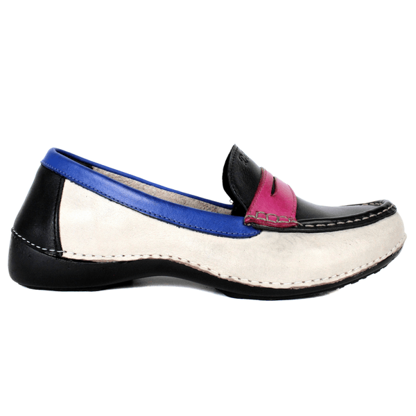Mocassim Feminino em Couro Legítimo e Palmilha Gel - Off White/Preto/Royal/Violeta - Sola Preta (AL066) 36 OUTLET
