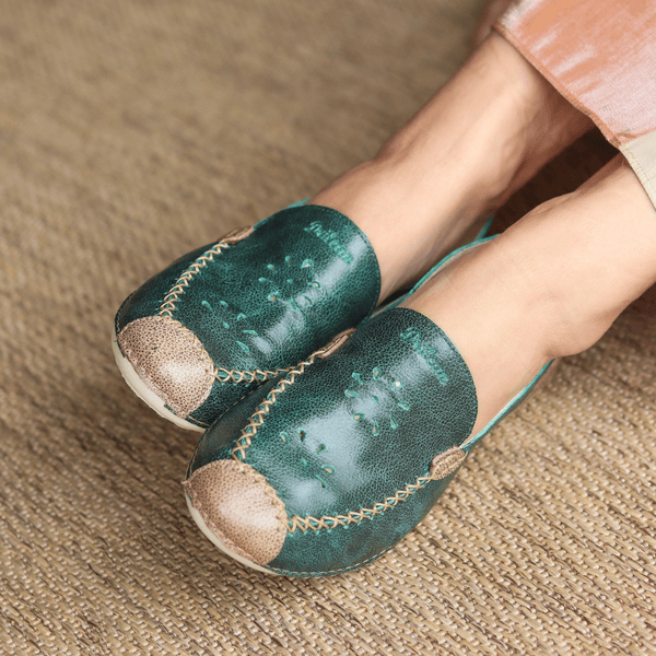 Mocassim Feminino em Couro Legítimo e Palmilha Gel - Bicolor Verde/Bicolor Fendi - Sola Off (AL065)