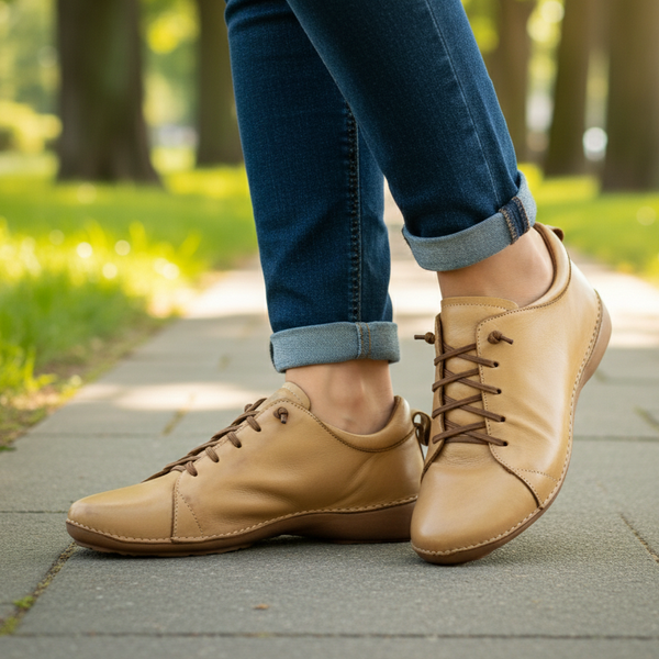 Tênis Alívio Feminino em Couro Legítimo e Palmilha Gel - Caramelo - Sola Castanho (AL071) 