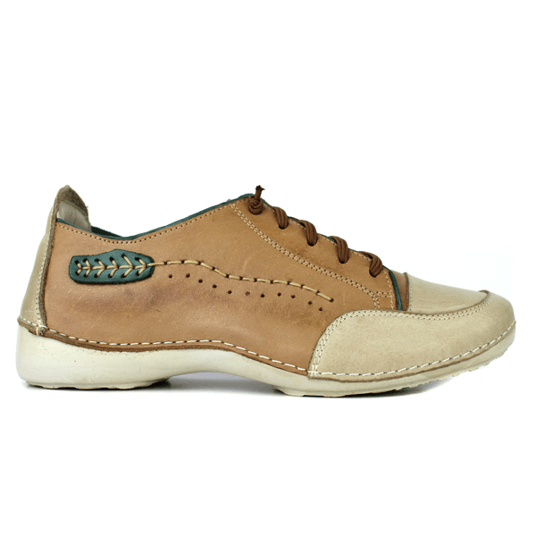 Tênis Feminino de Couro Legítimo com Palmilha em Gel - Caramelo/ Areia/ Verde - Sola Off (AL008) 