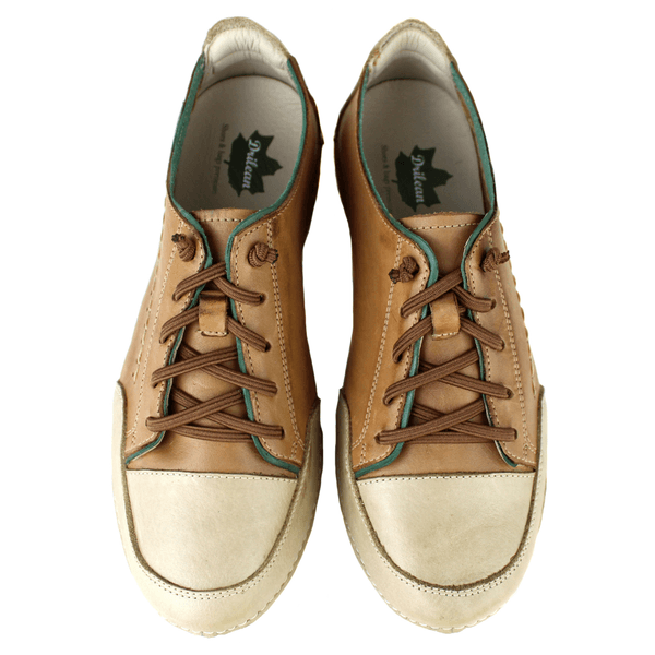 Tênis Feminino de Couro Legítimo com Palmilha em Gel - Caramelo/ Areia/ Verde - Sola Off (AL008) 