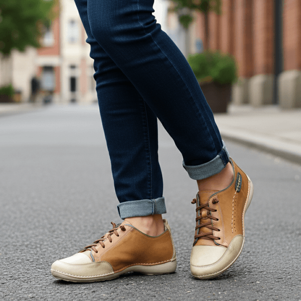 Tênis Feminino de Couro Legítimo com Palmilha em Gel - Caramelo/ Areia/ Verde - Sola Off (AL008) 