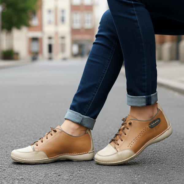 Tênis Feminino de Couro Legítimo com Palmilha em Gel - Caramelo/ Areia/ Verde - Sola Off (AL008) 