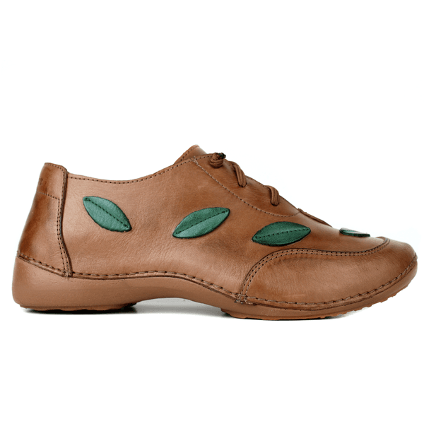 Tênis Alívio Feminino em Couro Legítimo e Palmilha Gel - Castanho /Verde - Sola Castanho (AL031)