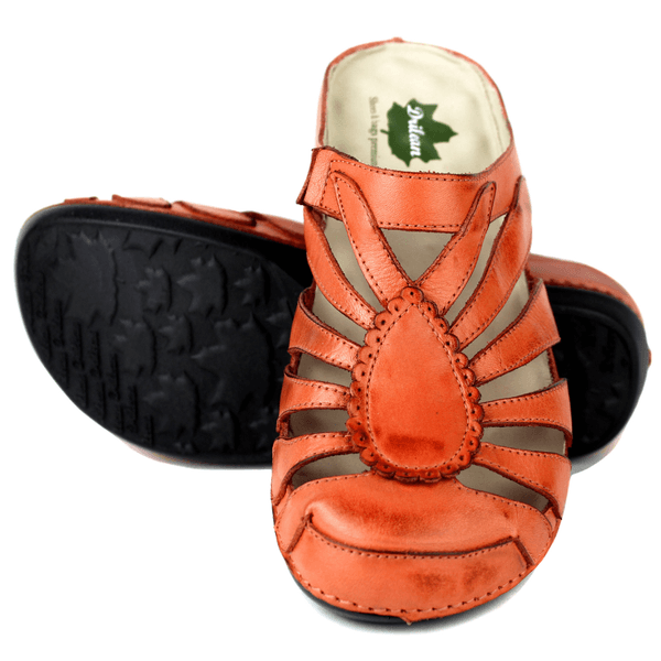 Mule Ortopédico Feminino Couro Legitimo com Palmilha Gel - Coral - Sola Preta (BE020) 