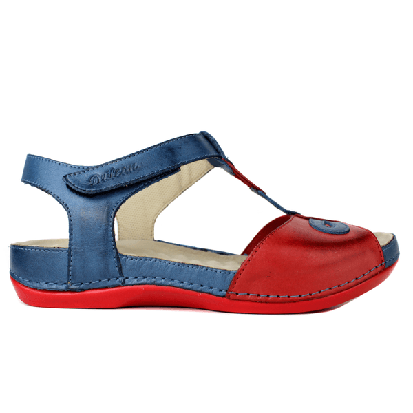 Sandália Bem-Estar Ortopédica em Couro Legítimo - Azul /Vermelho - Sola Vermelha (BE004)