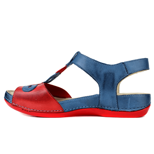 Sandália Bem-Estar Ortopédica em Couro Legítimo - Azul /Vermelho - Sola Vermelha (BE004)