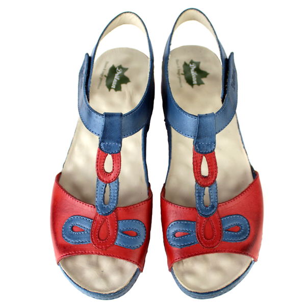 Sandália Bem-Estar Ortopédica em Couro Legítimo - Azul /Vermelho - Sola Vermelha (BE004)