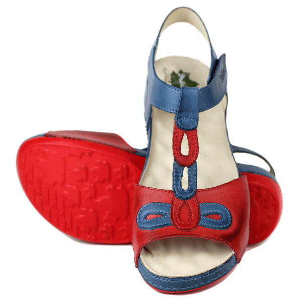 Sandália Bem-Estar Ortopédica em Couro Legítimo - Azul /Vermelho - Sola Vermelha (BE004)