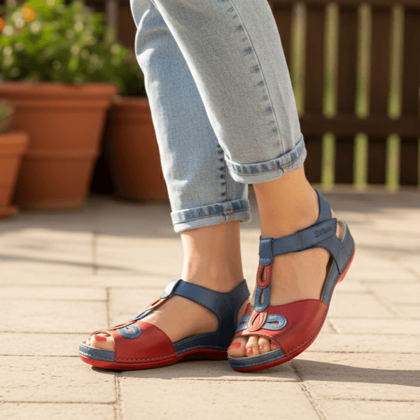 Sandália Bem-Estar Ortopédica em Couro Legítimo - Azul /Vermelho - Sola Vermelha (BE004)