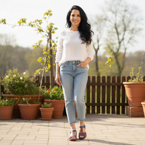 Sandália Bem-Estar Ortopédica em Couro Legítimo - Azul /Vermelho - Sola Vermelha (BE004)